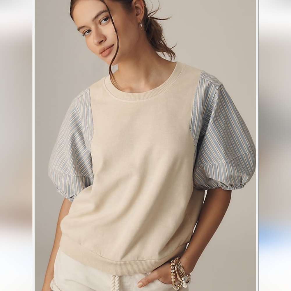NWT Anthropologie Pilcro Cream and Blue Puff Sleeve Top Size Large